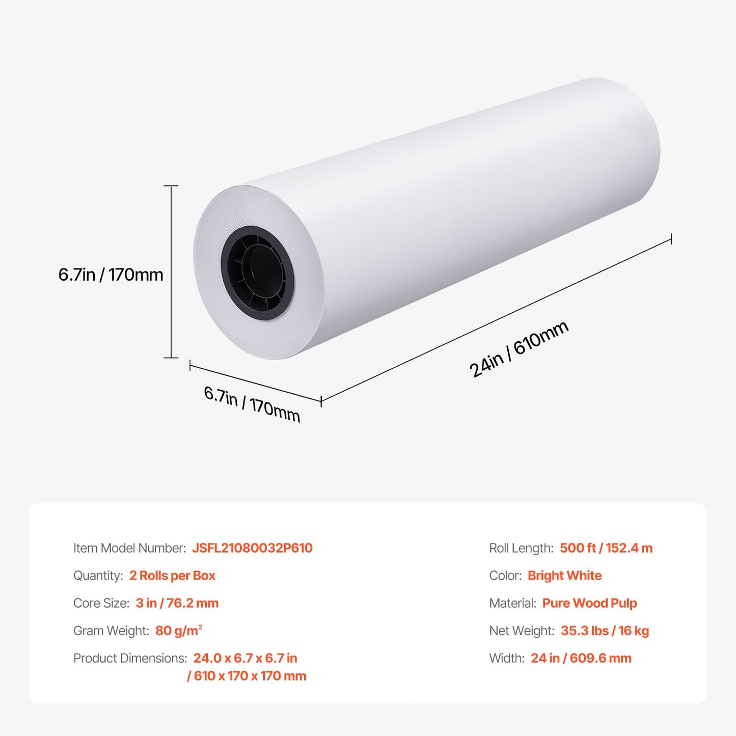 Bredformat pappersplotterpapper 2 rullar 24 tum x 500 ft CAD Bond-rullar
