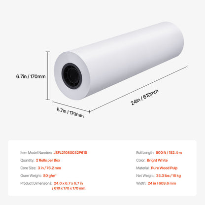 Bredformat pappersplotterpapper 2 rullar 24 tum x 500 ft CAD Bond-rullar