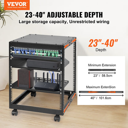 12U Open Frame Server Rack, 15''-40'' einstellbare Tiefe, freistehend oder zur Wandmontage Netzwerk-Server-Rack, 4-Pfosten-AV-Rack mit Rädern, hält alle Ihre Netzwerk-IT-Geräte AV-Ausrüstung Router Modem