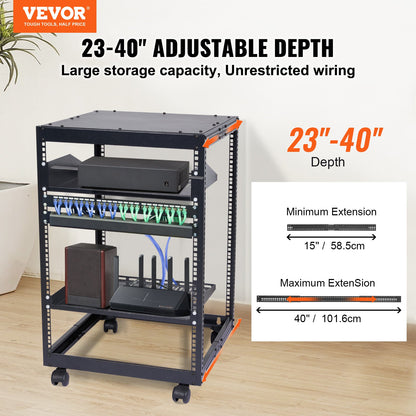15U Open Frame Server Rack, 15''-40'' Justerbart djup, fristående eller väggmonterad nätverksserverrack, AV-rack med 4 stolpar med hjul, rymmer all din nätverks-IT-utrustning AV Gear Router Modem
