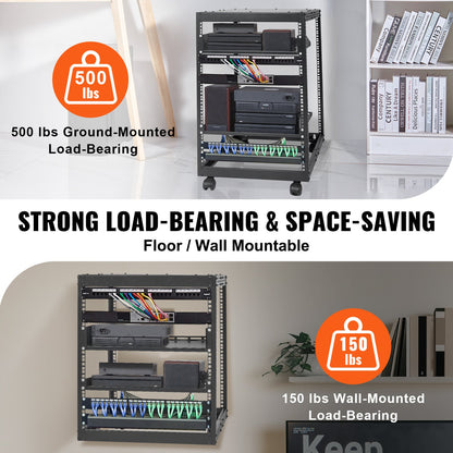 15U Open Frame Server Rack, 15''-40'' Justerbart djup, fristående eller väggmonterad nätverksserverrack, AV-rack med 4 stolpar med hjul, rymmer all din nätverks-IT-utrustning AV Gear Router Modem