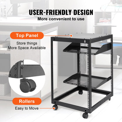 15U Open Frame Server Rack, 15''-40'' Justerbart djup, fristående eller väggmonterad nätverksserverrack, AV-rack med 4 stolpar med hjul, rymmer all din nätverks-IT-utrustning AV Gear Router Modem