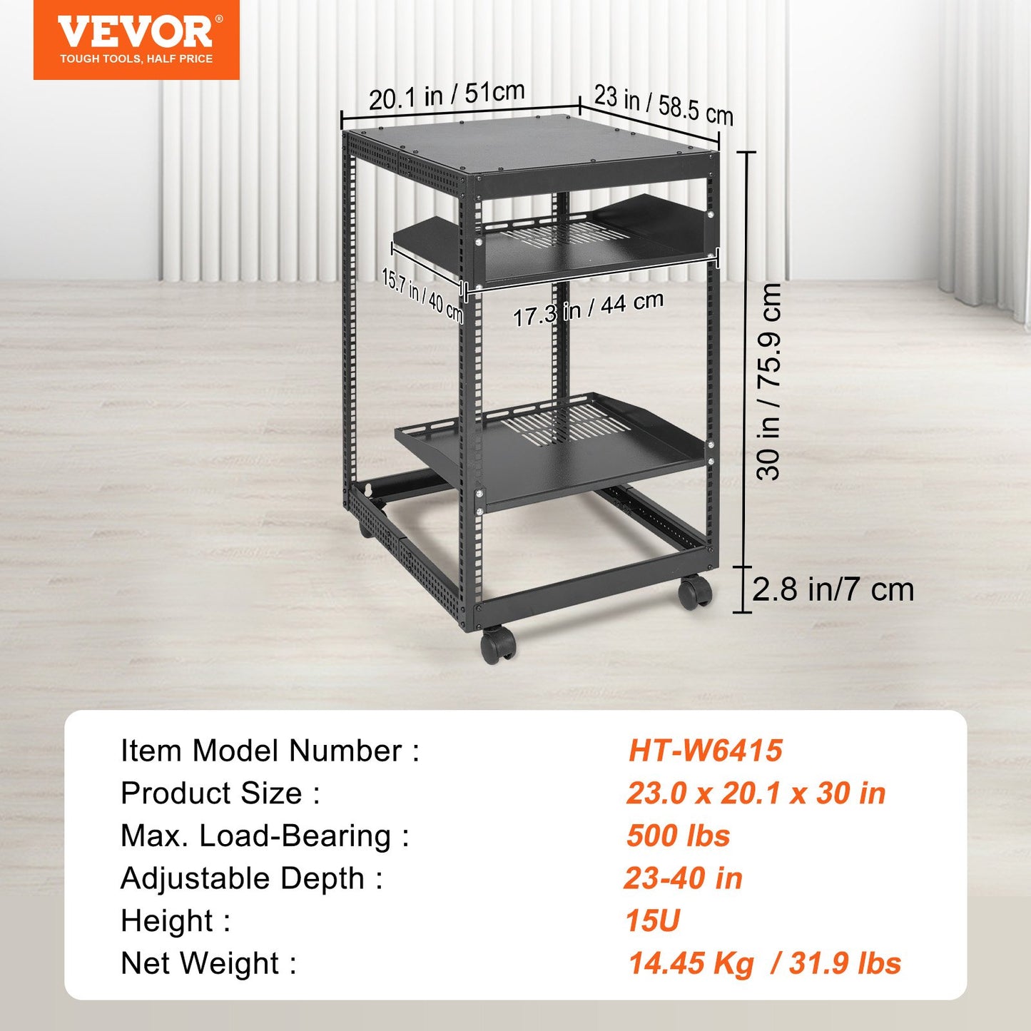 15U Open Frame Server Rack, 15''-40'' Justerbart djup, fristående eller väggmonterad nätverksserverrack, AV-rack med 4 stolpar med hjul, rymmer all din nätverks-IT-utrustning AV Gear Router Modem