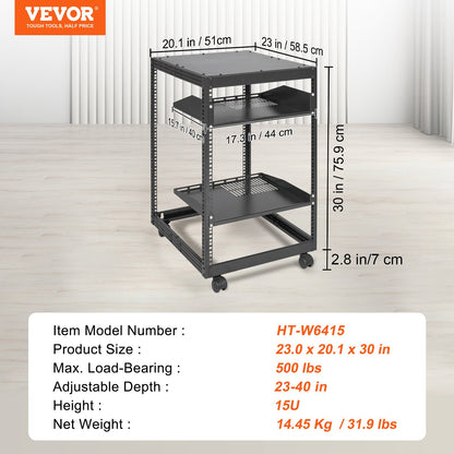 15U Open Frame Server Rack, 15''-40'' Justerbart djup, fristående eller väggmonterad nätverksserverrack, AV-rack med 4 stolpar med hjul, rymmer all din nätverks-IT-utrustning AV Gear Router Modem