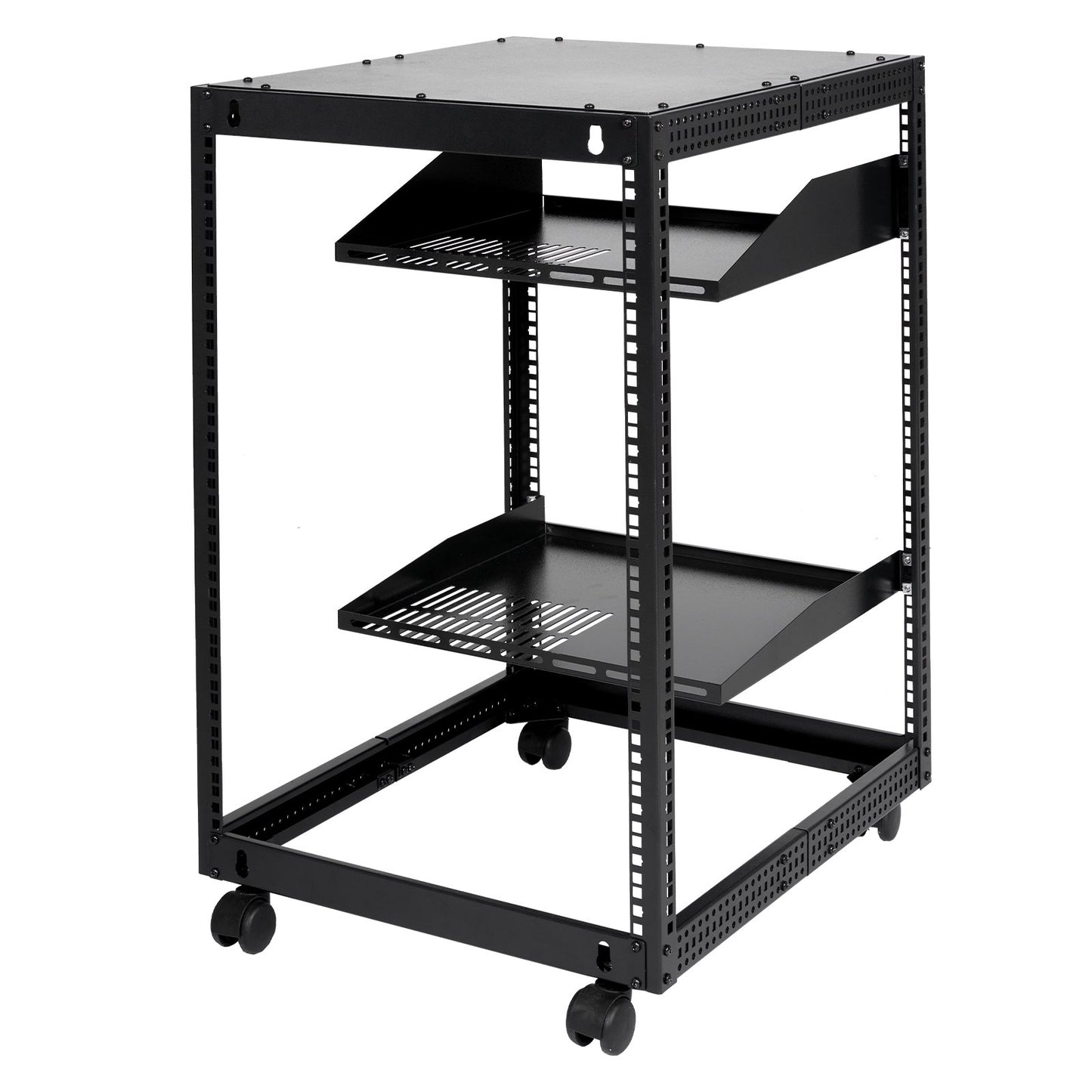 15U Open Frame Server Rack, 15''-40'' Justerbart djup, fristående eller väggmonterad nätverksserverrack, AV-rack med 4 stolpar med hjul, rymmer all din nätverks-IT-utrustning AV Gear Router Modem
