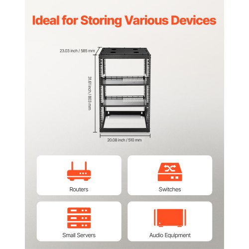 16U nätverksrack med öppen ram, 585 mm djup, väggmonterat eller golvstående serverrack, kraftigt 4-pelare, med ventilerade hyllor och monteringsdetaljer, rymmer all din nätverks-IT-utrustning och AV-utrustning |  EU