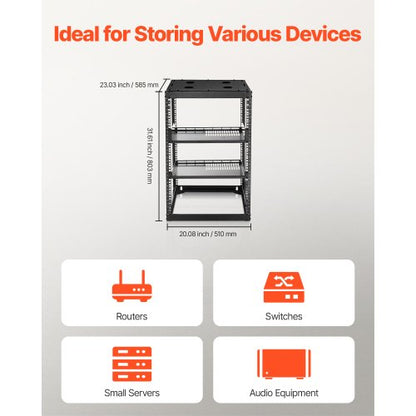 16U nätverksrack med öppen ram, 585 mm djup, väggmonterat eller golvstående serverrack, kraftigt 4-pelare, med ventilerade hyllor och monteringsdetaljer, rymmer all din nätverks-IT-utrustning och AV-utrustning |  EU