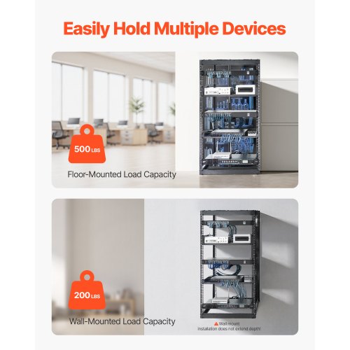 20U nätverksrack med öppet ramverk, 585 mm djup, väggmonterat eller golvstående serverrack, kraftigt 4-pelare, med ventilerade hyllor och monteringsdetaljer, rymmer all din nätverks-IT-utrustning och AV-utrustning |  EU