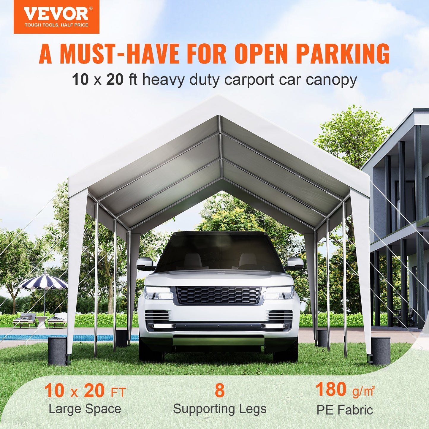 Carport, 10x20 fot Heavy Duty Car Canopy Garage Boat Shelter Partytält med 8 förstärkta stolpar och 4 viktpåsar, UV-beständig vattentät presenning för SUV, F150, bil, lastbil, båt