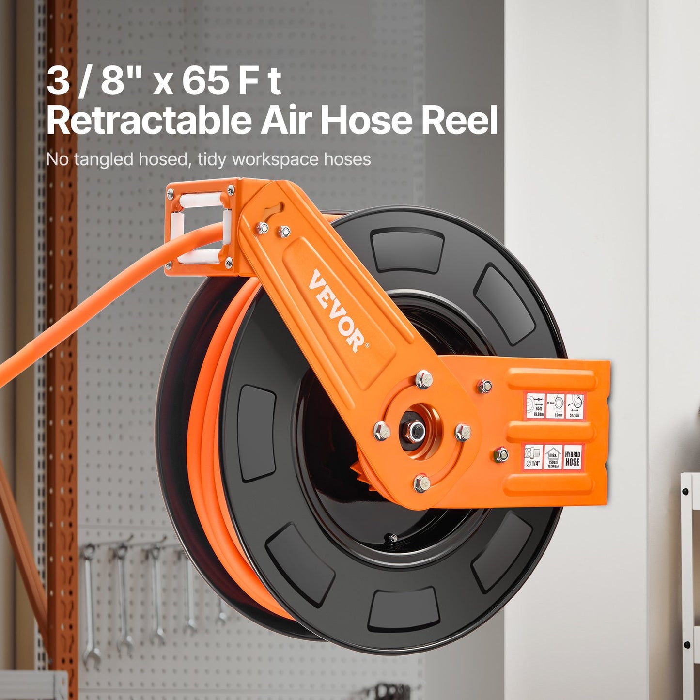 Einziehbarer Luftschlauchaufroller 3/8 Zoll x 65 Fuß Hybrid-Luftschlauchaufroller, max. 300 PSI