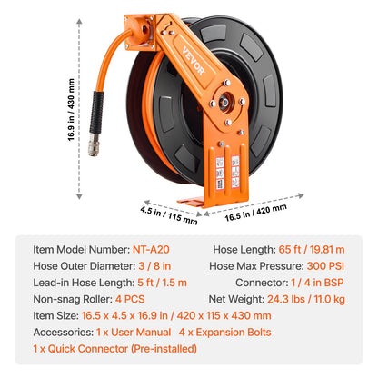 Einziehbarer Luftschlauchaufroller 3/8 Zoll x 65 Fuß Hybrid-Luftschlauchaufroller, max. 300 PSI