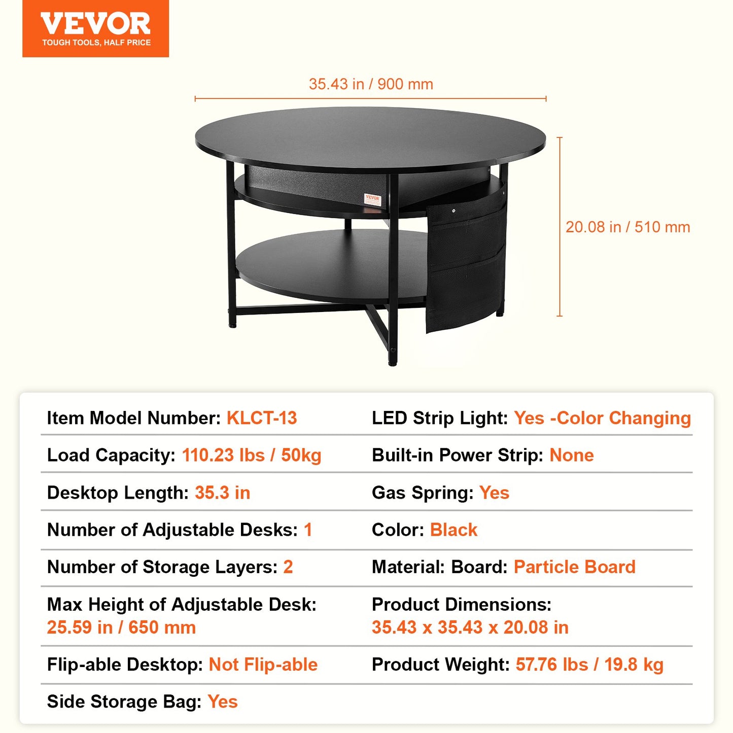 Lift Top Soffbord 35,3" Runt Soffbord för Vardagsrum Svart
