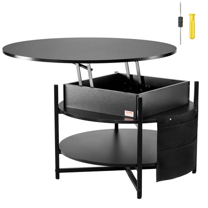 Lift Top Soffbord 35,3" Runt Soffbord för Vardagsrum Svart