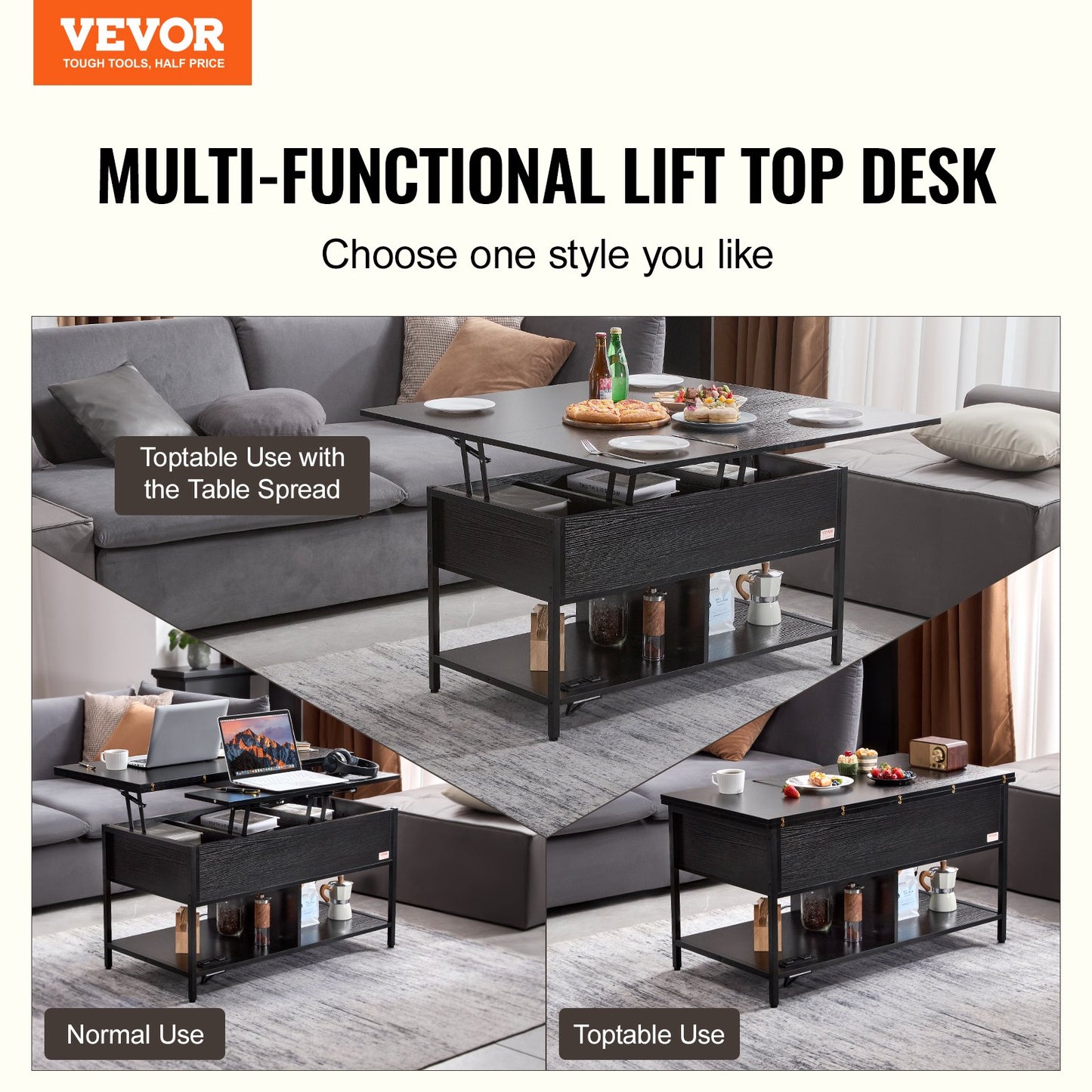 Lift Top Coffee Table 39.4" Rectangular Coffee Table with Light &amp; USB Black