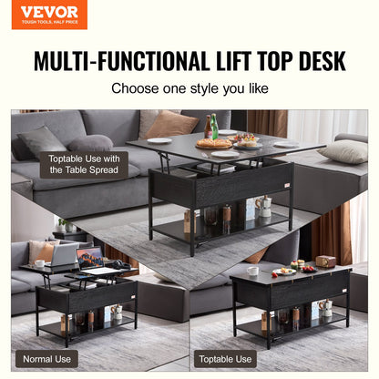 Lift Top Coffee Table 39.4" Rectangular Coffee Table with Light &amp; USB Black