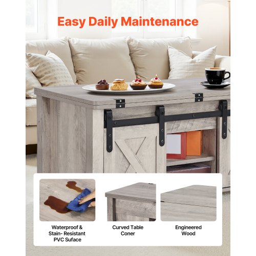 1000 mm lyftbart soffbord i lantlig stil, rustikt mittbord med ladugårdsdörr och dolt förvaringsfack, modern rektangulär lyftbar bordsskiva för vardagsrum, kontor, hem, enkel montering, ek |  EU