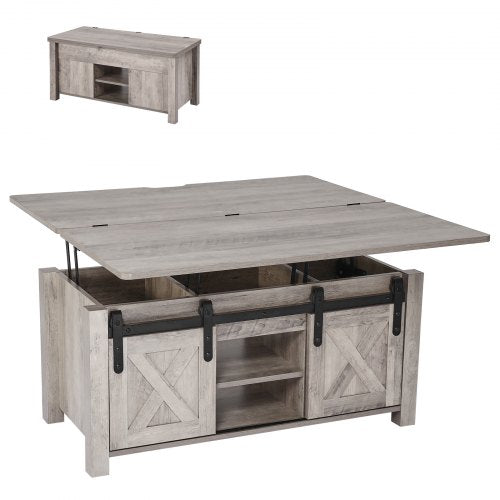 1000 mm lyftbart soffbord i lantlig stil, rustikt mittbord med ladugårdsdörr och dolt förvaringsfack, modern rektangulär lyftbar bordsskiva för vardagsrum, kontor, hem, enkel montering, ek |  EU