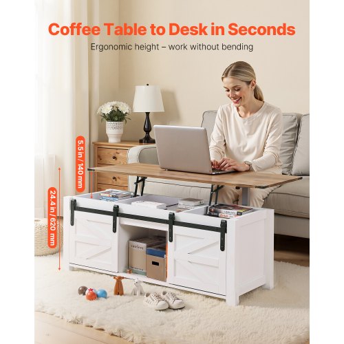 1200 mm lyftbart soffbord i lantlig stil, rustikt mittbord med ladugårdsdörr och dolt förvaringsfack, modern rektangulär lyftbar bordsskiva för vardagsrum, kontor, hem, enkel montering, vit |  EU