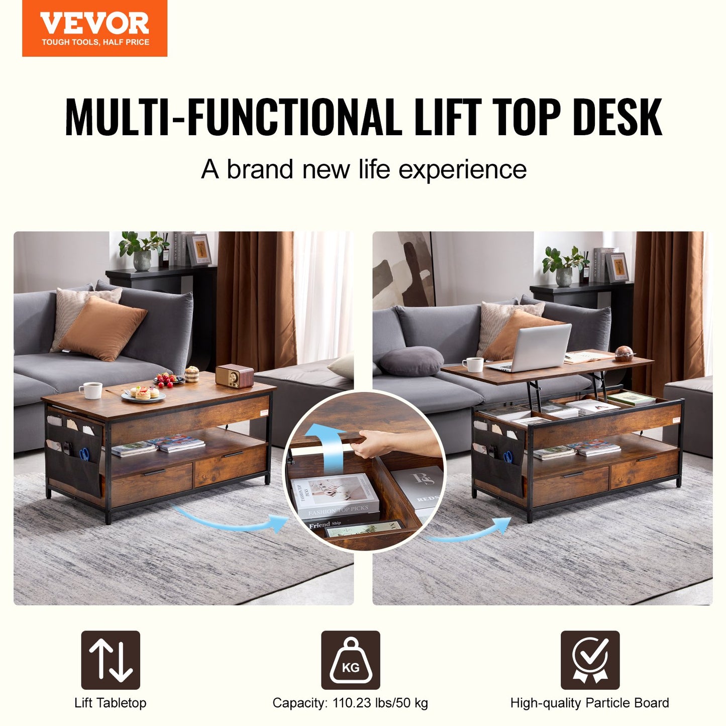 Lift Top Soffbord 39,4" rektangulärt soffbord med ljus & USB Brun