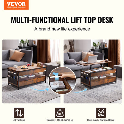 Lift Top Soffbord 39,4" rektangulärt soffbord med ljus & USB Brun