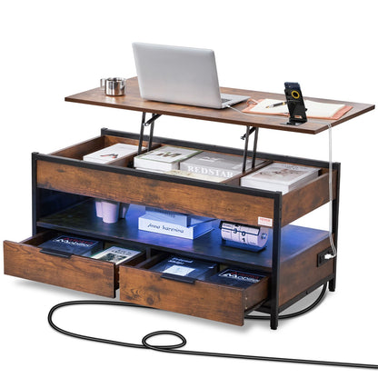 Lift Top Soffbord 39,4" rektangulärt soffbord med ljus & USB Brun