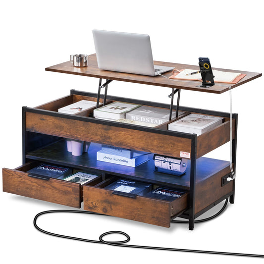 Lift Top Soffbord 39,4" rektangulärt soffbord med ljus & USB Brun