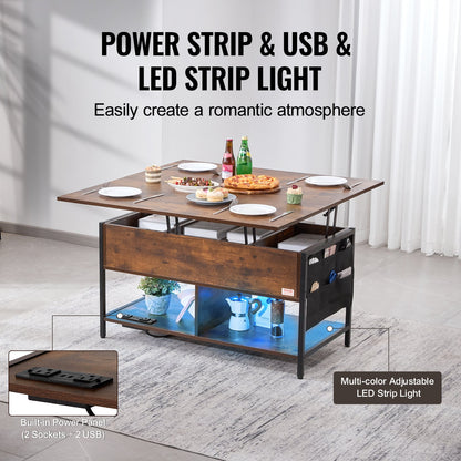 Lift Top Soffbord 39,4" rektangulärt soffbord med ljus & USB Brun
