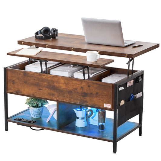 Lift Top Soffbord 39,4" rektangulärt soffbord med ljus & USB Brun