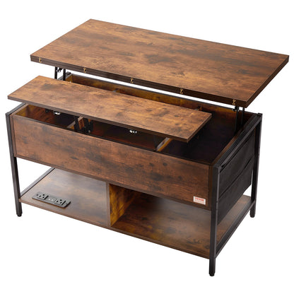 Lift Top Soffbord 39,4" rektangulärt soffbord med ljus & USB Brun