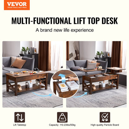Lift Top Soffbord 47,5" rektangulärt Soffbord för Vardagsrum Brun