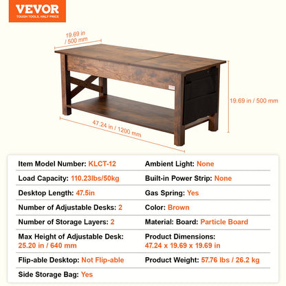 Lift Top Soffbord 47,5" rektangulärt Soffbord för Vardagsrum Brun