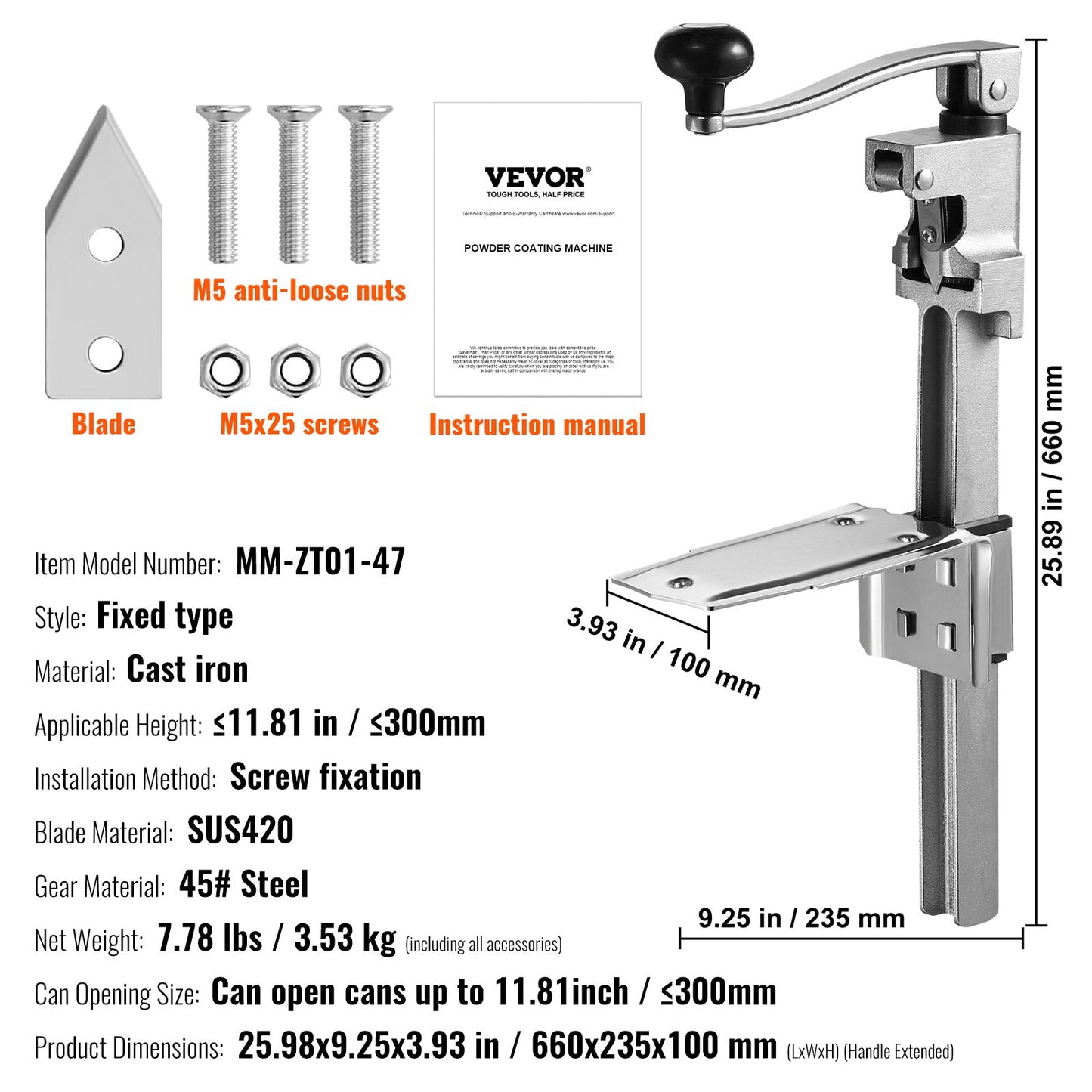 Manueller Dosenöffner, kommerzieller Tischdosenöffner für große Dosen, robuster Dosenöffner mit Sockel, höhenverstellbarer industrieller Dosenöffner für Dosen bis zu 30 cm Höhe, für Restaurants, Hotels, Heimbars