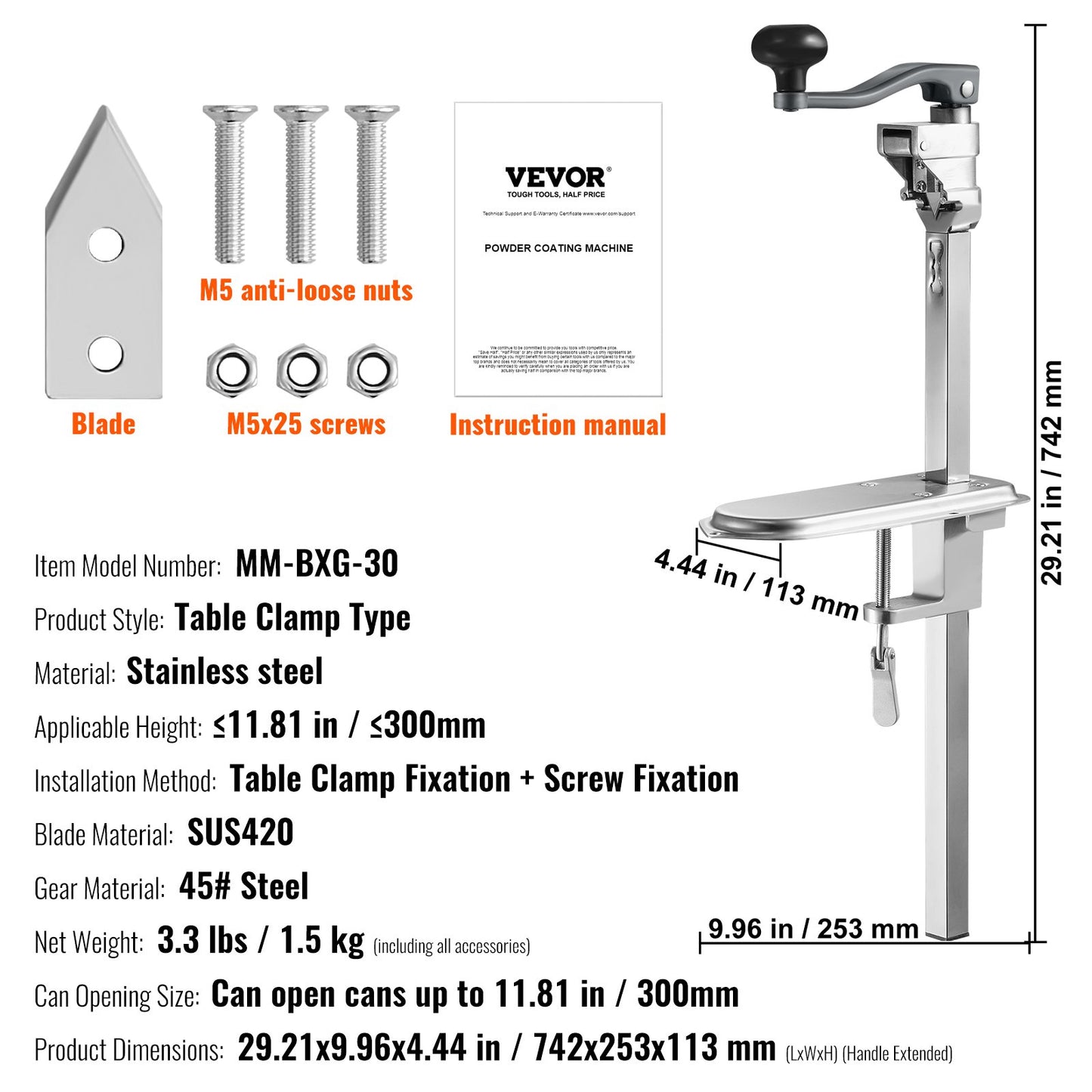Manueller Dosenöffner, kommerzieller Tischklemmenöffner für große Dosen, robuster Dosenöffner mit Sockel, höhenverstellbarer industrieller Dosenöffner für Dosen bis zu 30 cm Höhe, für Restaurants, Hotels, Heimbars