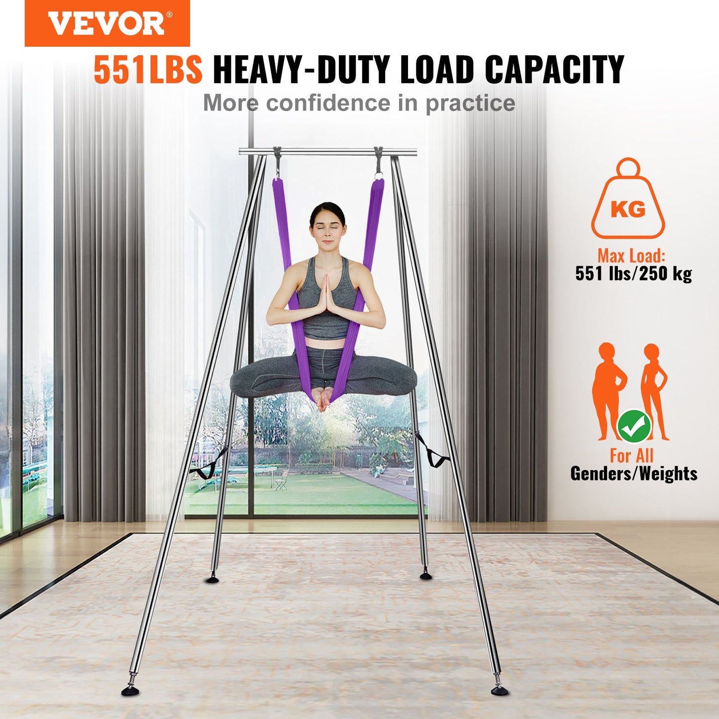 Aerial Yoga Frame &amp; Yoga Hammock, 9.67 ft Height Professional Yoga Swing Stand Comes with 13.1 Yards Aerial Hammock, Max 551.15 lbs Load Capacity Yoga Rig for Indoor Outdoor Aerial Yoga, Purple
