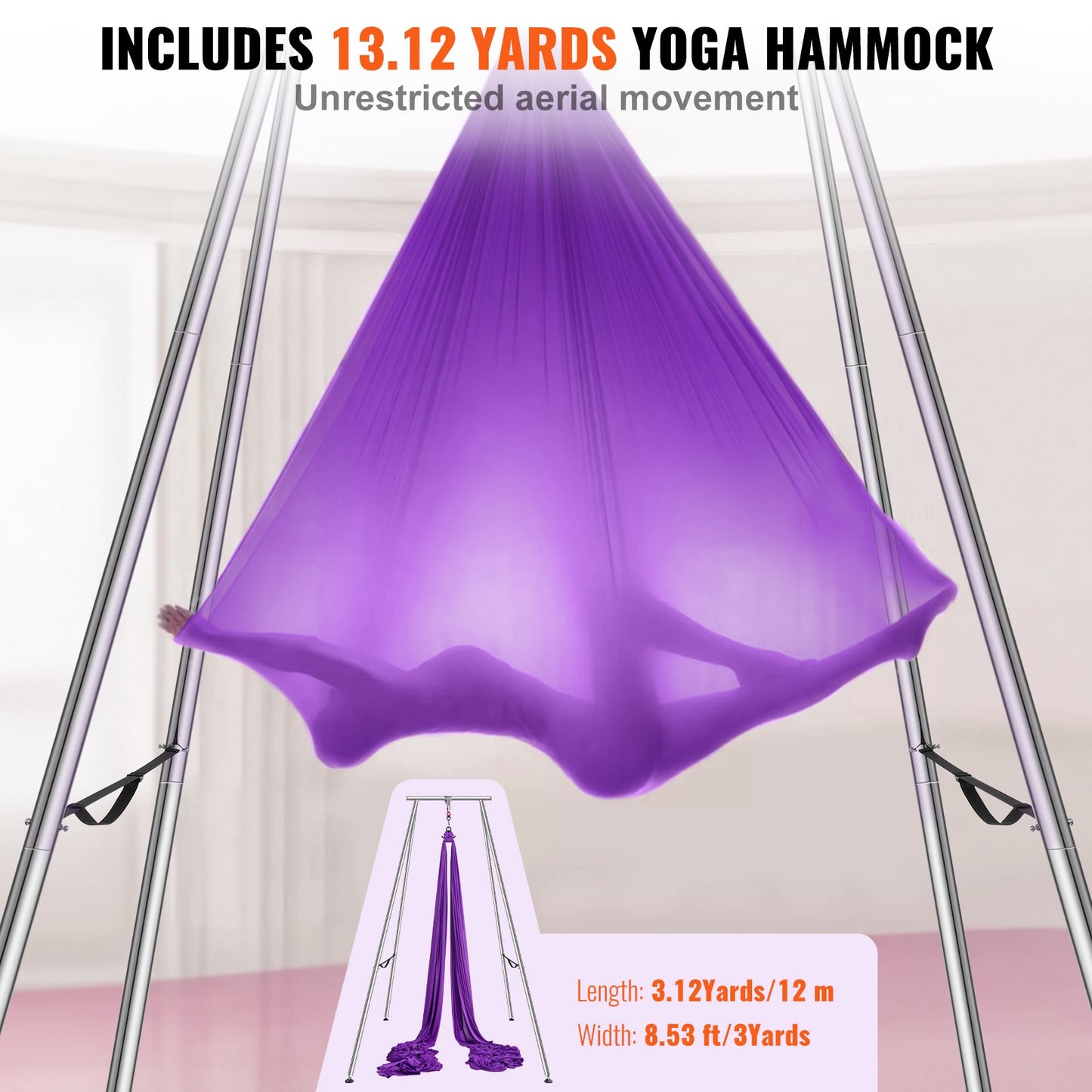 Aerial Yoga Frame &amp; Yoga Hammock, 9.67 ft Height Professional Yoga Swing Stand Comes with 13.1 Yards Aerial Hammock, Max 551.15 lbs Load Capacity Yoga Rig for Indoor Outdoor Aerial Yoga, Purple