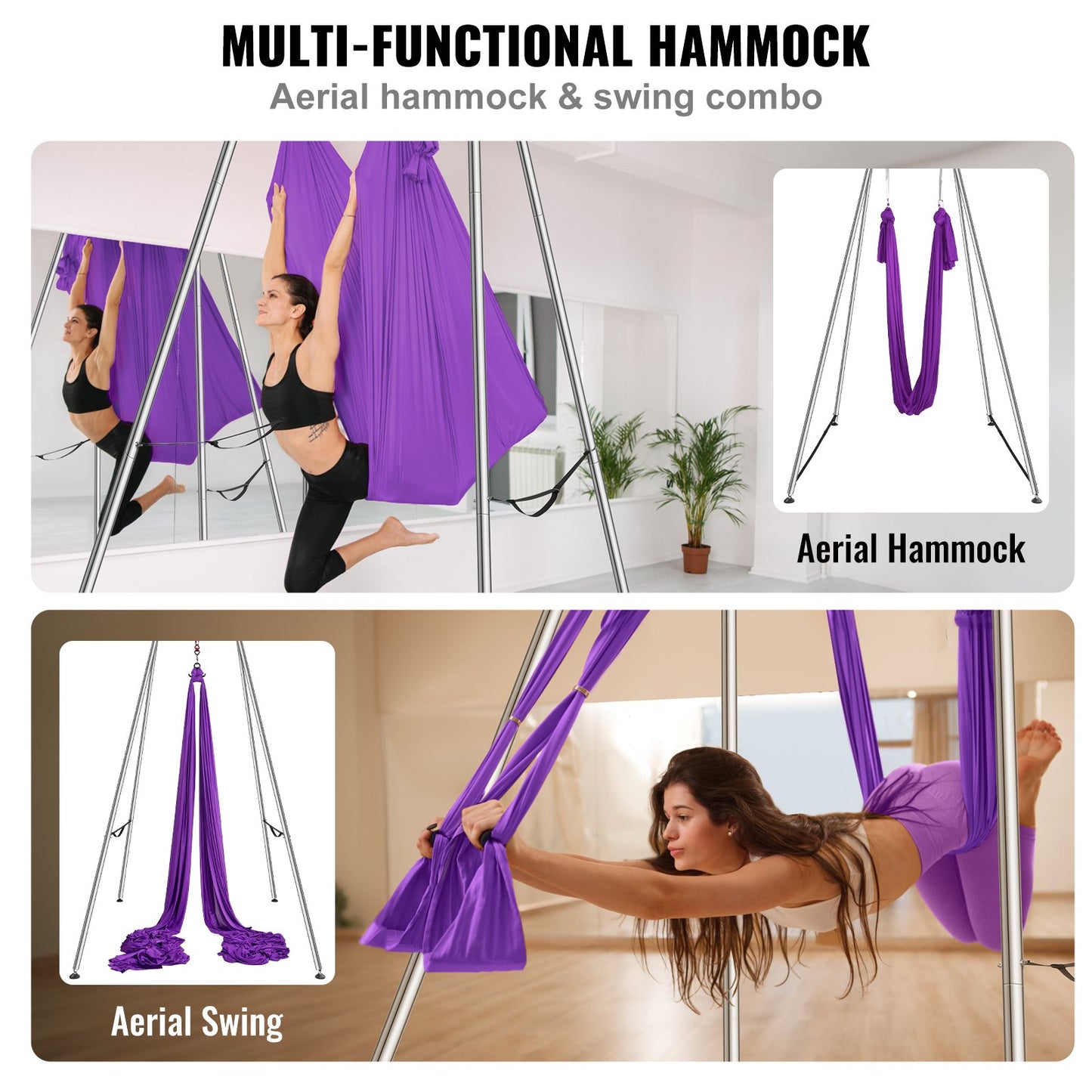 Aerial Yoga Frame &amp; Yoga Hammock, 9.67 ft Height Professional Yoga Swing Stand Comes with 13.1 Yards Aerial Hammock, Max 551.15 lbs Load Capacity Yoga Rig for Indoor Outdoor Aerial Yoga, Purple