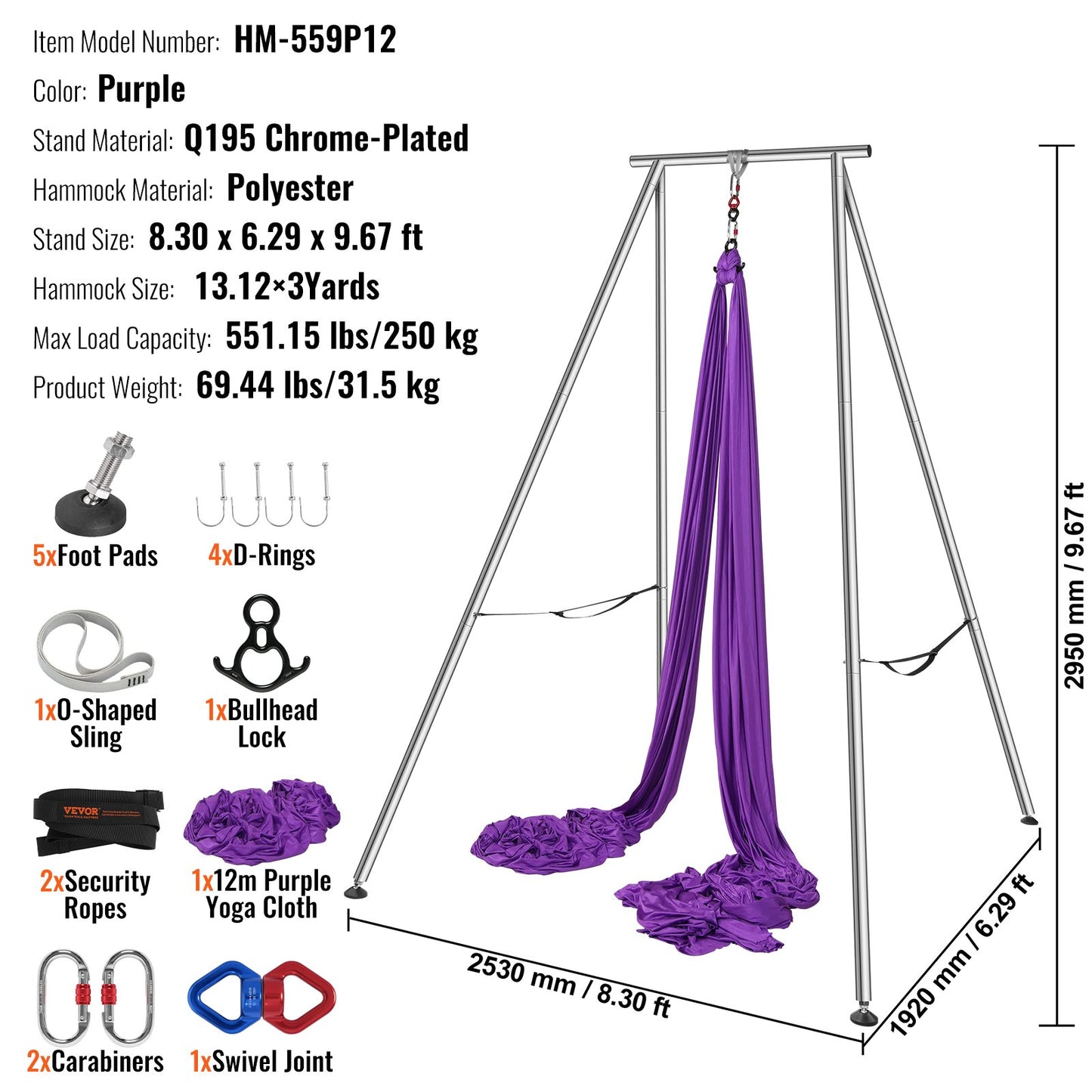 Aerial Yoga Frame &amp; Yoga Hammock, 9.67 ft Height Professional Yoga Swing Stand Comes with 13.1 Yards Aerial Hammock, Max 551.15 lbs Load Capacity Yoga Rig for Indoor Outdoor Aerial Yoga, Purple
