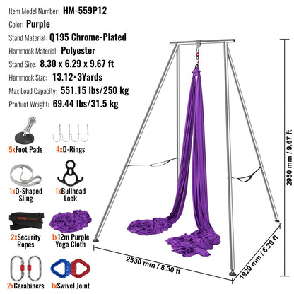 Aerial Yoga Frame &amp; Yoga Hammock, 9.67 ft Height Professional Yoga Swing Stand Comes with 13.1 Yards Aerial Hammock, Max 551.15 lbs Load Capacity Yoga Rig for Indoor Outdoor Aerial Yoga, Purple
