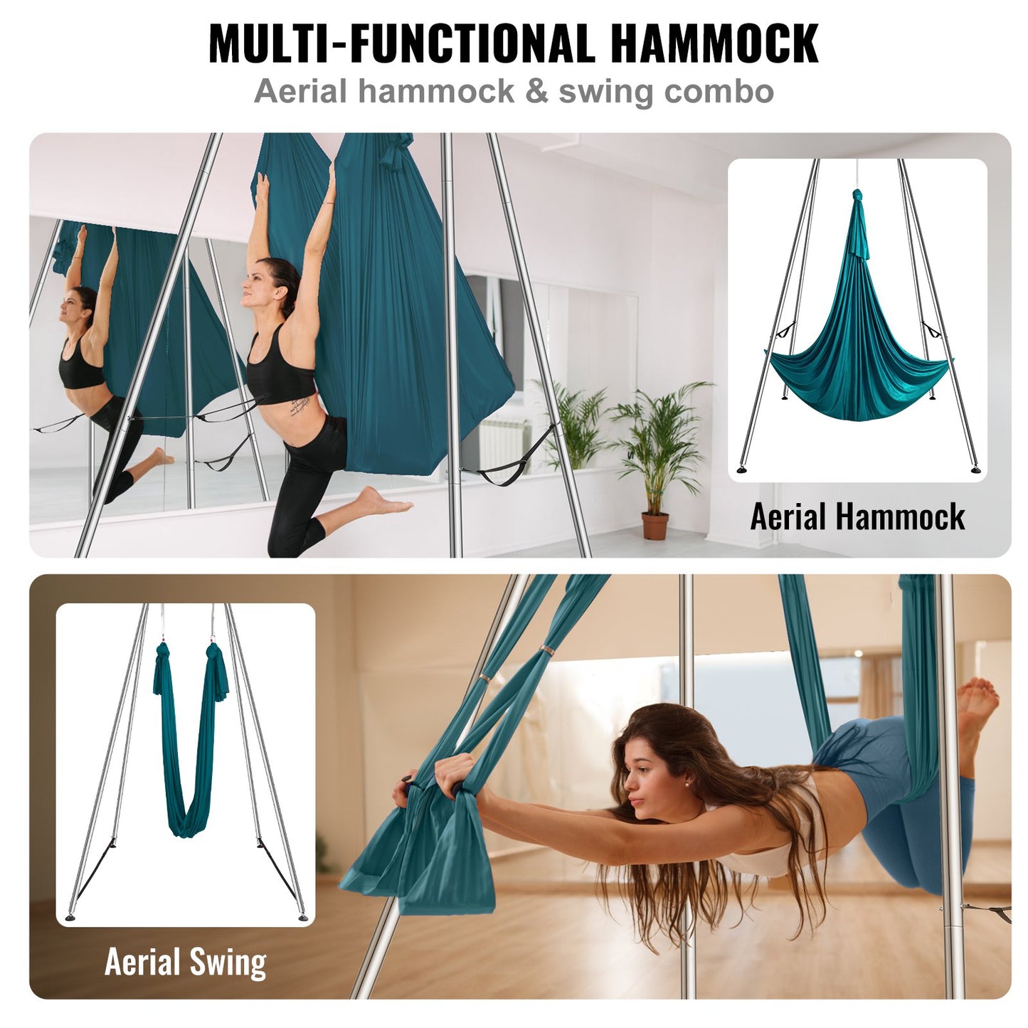 Aerial Yoga Ram & Yoga Hängmatta, 9,67 ft Höjd Professionell Yoga Swing Stand Levereras med 6,6 Yards Aerial Hammock, Max 551,15 lbs Lastkapacitet Yoga Rigg för inomhus utomhus Aerial Yoga, Grön