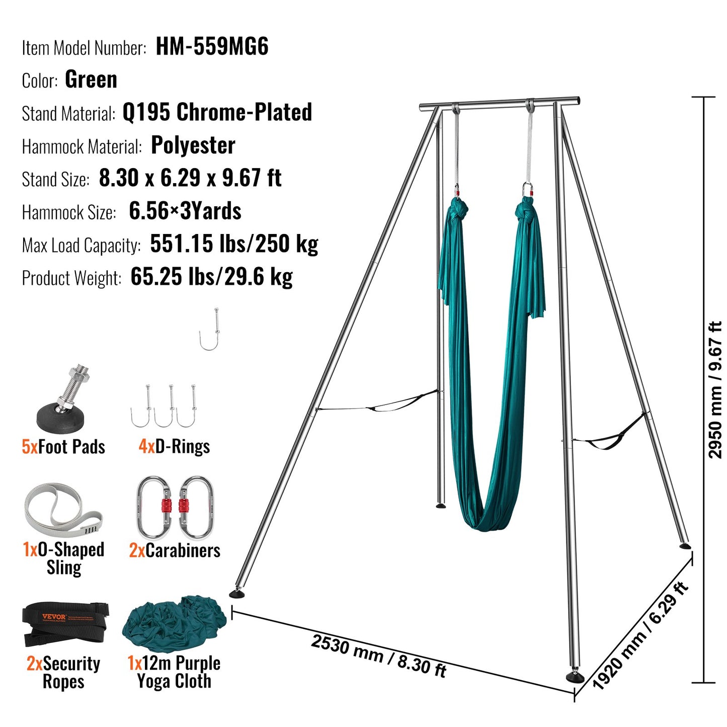 Aerial Yoga Ram & Yoga Hängmatta, 9,67 ft Höjd Professionell Yoga Swing Stand Levereras med 6,6 Yards Aerial Hammock, Max 551,15 lbs Lastkapacitet Yoga Rigg för inomhus utomhus Aerial Yoga, Grön