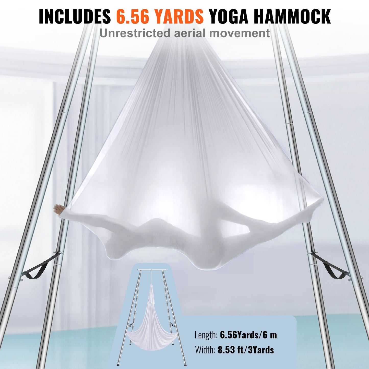 Aerial Yoga Ram & Yoga Hängmatta, 9,67 ft Höjd Professionell Yoga Swing Stand Levereras med 6,6 Yard Aerial Hammock, Max 551,15 lbs Lastkapacitet Yoga Rigg för inomhus utomhus Aerial Yoga, vit