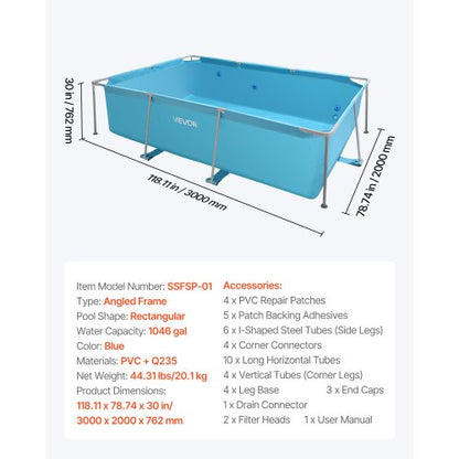 above ground pool with steel frame 118 x 78 x 30 in rectangular blue | EU