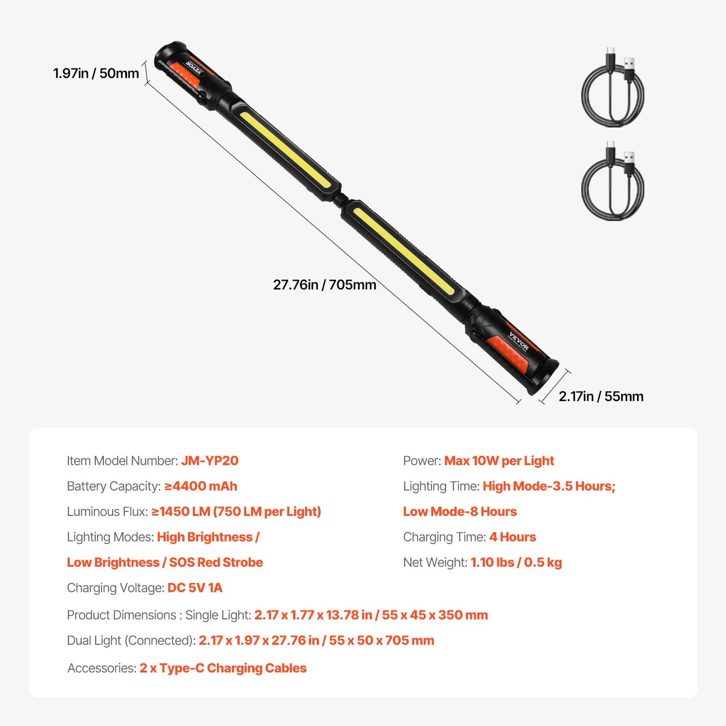 Underhuv Arbetsljus 1450LM 4400mAh LED Magnetisk Arbetsljus Uppladdningsbar