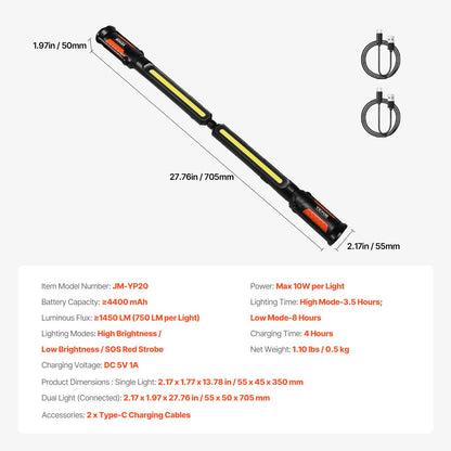 Underhuv Arbetsljus 1450LM 4400mAh LED Magnetisk Arbetsljus Uppladdningsbar