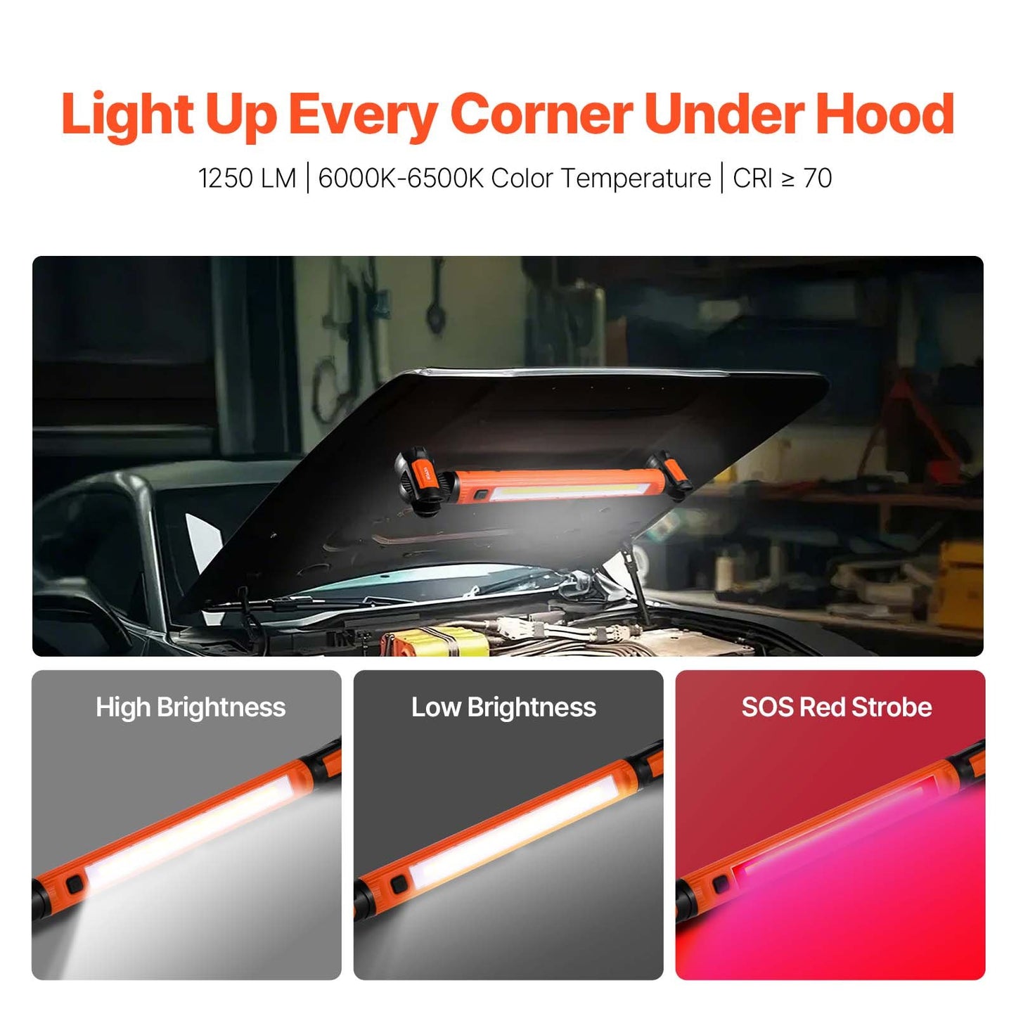 Underhuv Arbetsljus 1250LM 6000mAh LED Magnetisk Arbetsljus Uppladdningsbar