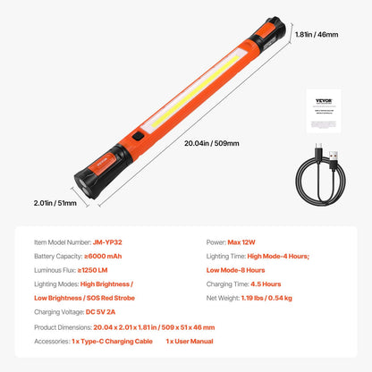 Underhuv Arbetsljus 1250LM 6000mAh LED Magnetisk Arbetsljus Uppladdningsbar