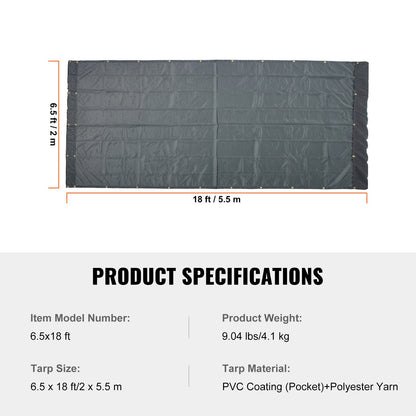 Dump Truck Mesh Tarp, 6.5 x 18 ft., PVC Coated Black Heavy Duty Cover with 5.5" 18 oz Double Pocket, Brass Grommets, Reinforced Double Needle Stitch Fabric Fits Manual or Electric Dumper System