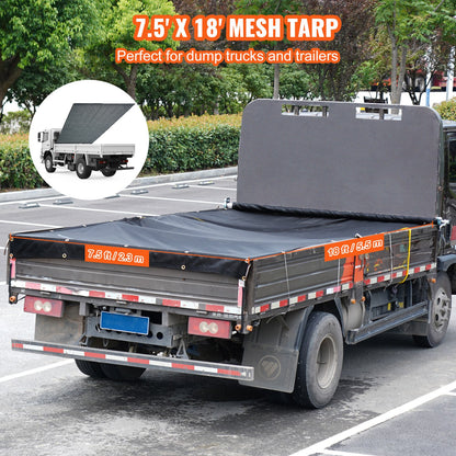 Dump Truck Mesh Tarp, 7.5 x 18 ft., PVC Coated Black Heavy Duty Cover with 5.5" 18 oz Double Pocket, Brass Grommets, Reinforced Double Needle Stitch Fabric Fits Manual or Electric Dumper System