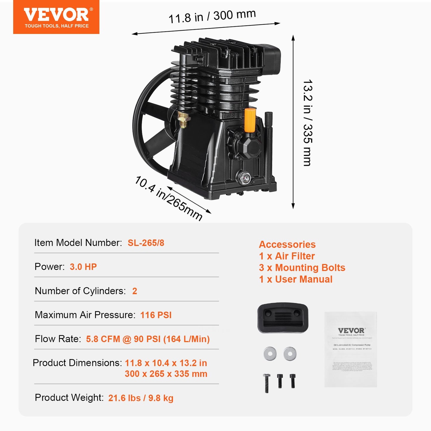 Luftkompressorpumphuvud 3HP 5.8CFM @ 90PSI dubbelcylindrig kolvpumphuvud