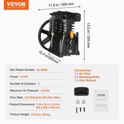Luftkompressorpumphuvud 3HP 5.8CFM @ 90PSI dubbelcylindrig kolvpumphuvud